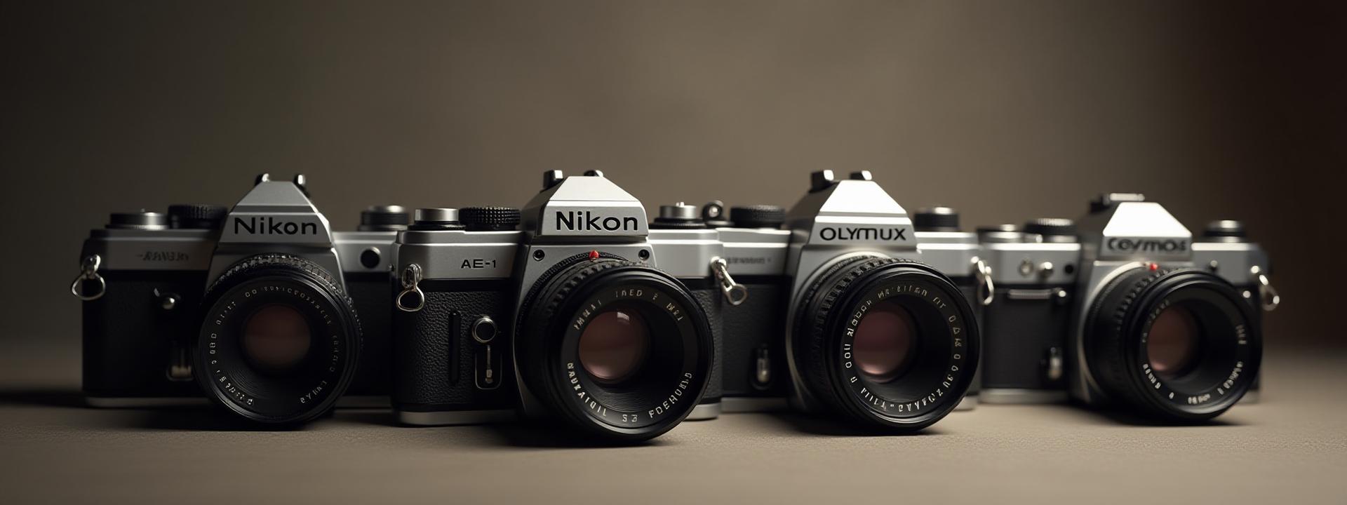 Arrangement of iconic 35mm SLRs like Nikon F, Canon AE-1, Pentax K1000