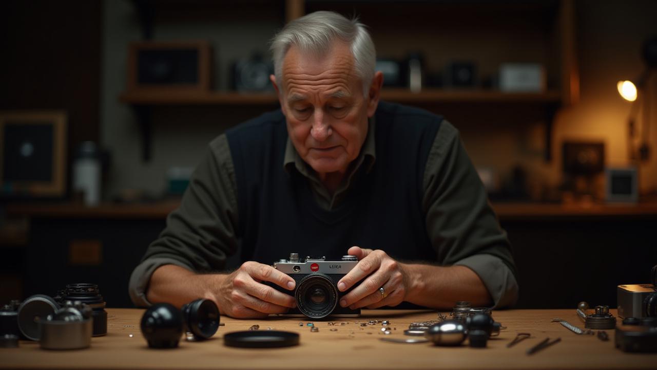 Gary P Grieco deeply focused on a vintage camera mechanism at a meticulously organized workbench