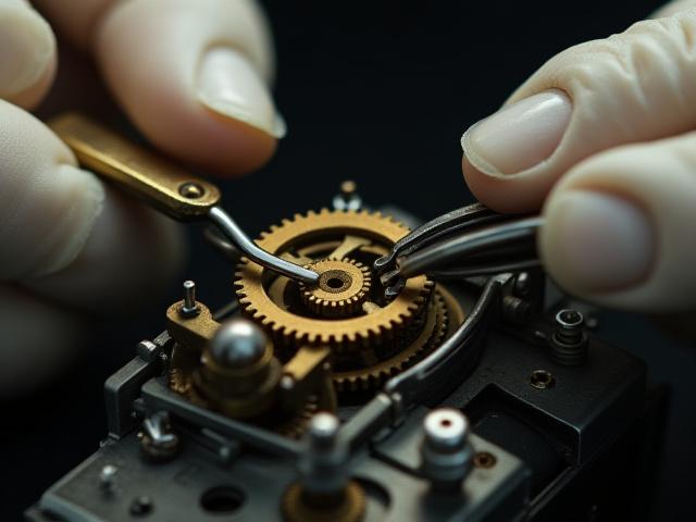 Macro shot of skilled hands delicately placing a tiny, intricate brass gear into a camera mechanism with specialized tweezers
