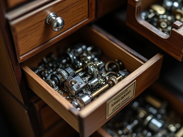 Clean, organized drawers filled with tiny camera gears, springs, and screws, meticulously labeled