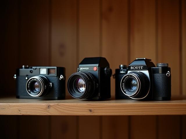 Shelf displaying several beautifully restored vintage film cameras, gleaming and ready for final testing