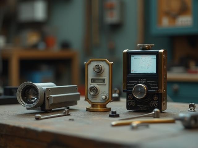 Workbench with precision calibration tools, light meters, and specialized testing equipment