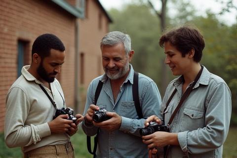 Group of diverse film photographers gathered outdoors, discussing cameras.