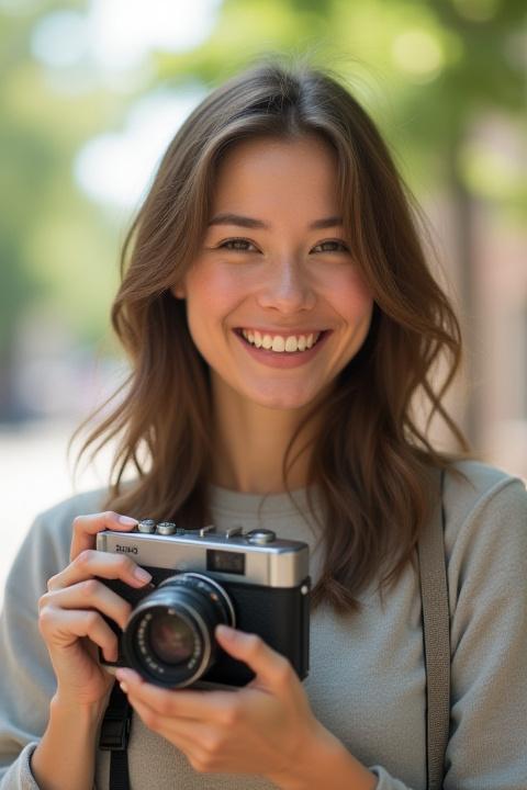 Portrait of a smiling woman holding a vintage camera, taken on film.