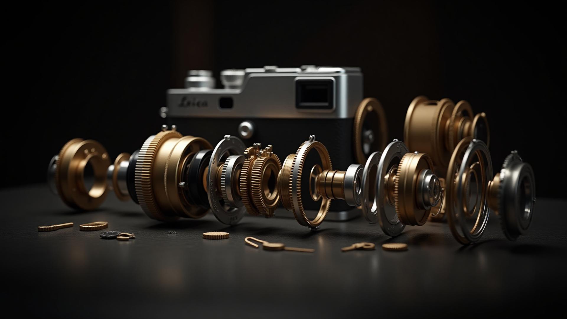 Deconstructed vintage film camera parts laid out meticulously for restoration