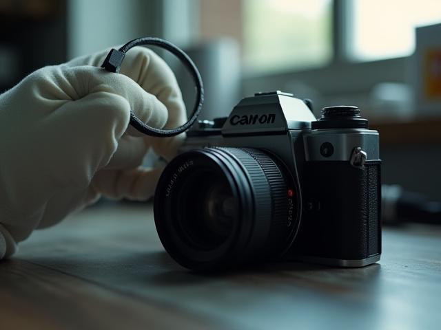 A hand holding a compact vintage camera, carefully examining the lens elements for imperfections.