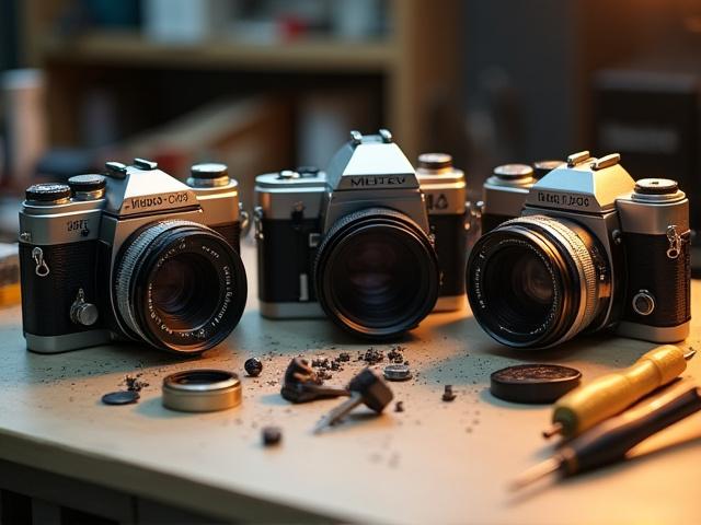 A collection of vintage camera bodies, some disassembled, on a workbench under a warm light, suggesting restoration potential.