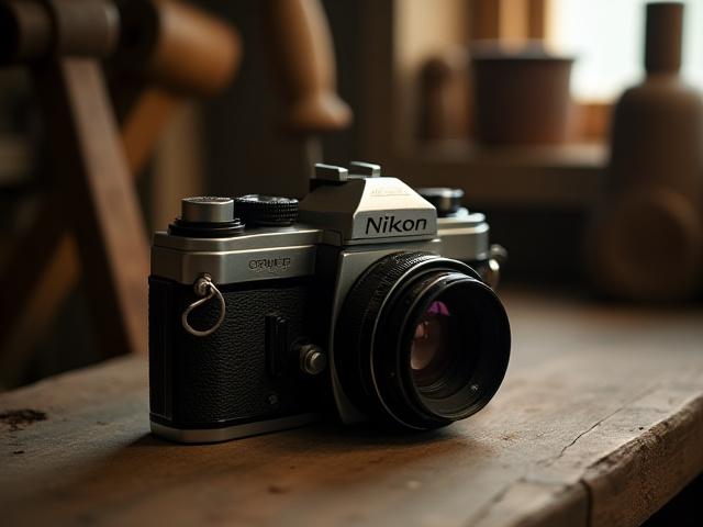 A vintage Nikon F Photomic FTn camera, showing signs of use but with clear restoration potential, on a worn wooden table.