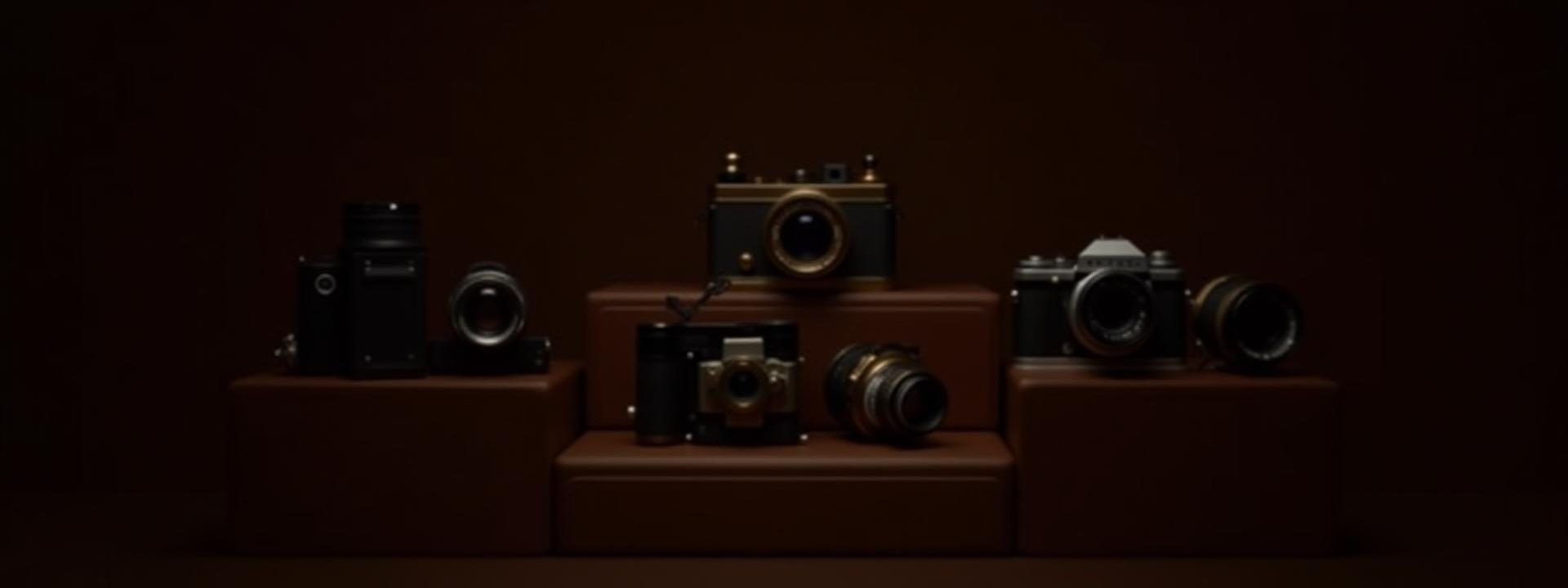 A pristine collection of vintage classic cameras, beautifully displayed on a dark wood shelf, bathed in soft, warm light.