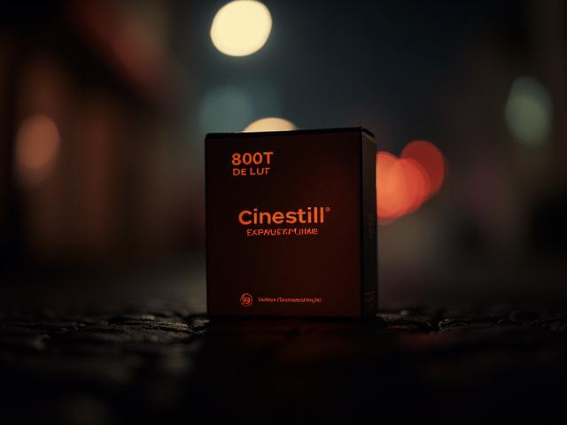 A box of Cinestill 800T film with a subtle glow, hinting at its cinematic night photography capabilities.