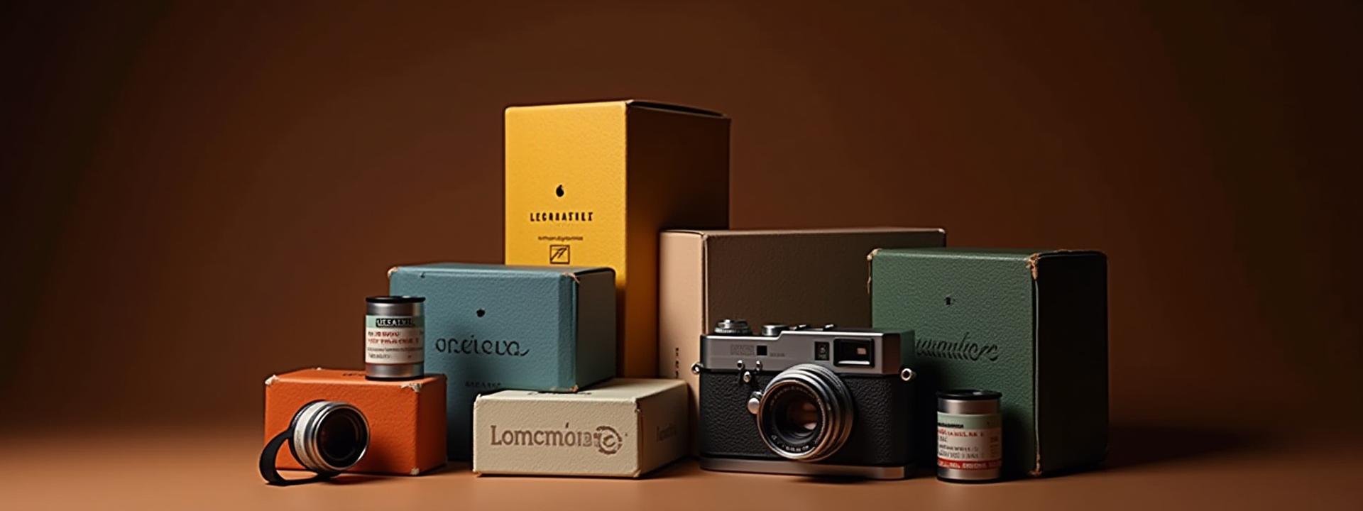 Artistic shot of various modern film stock boxes next to a vintage camera lens and film canisters, conveying precision and artistry.