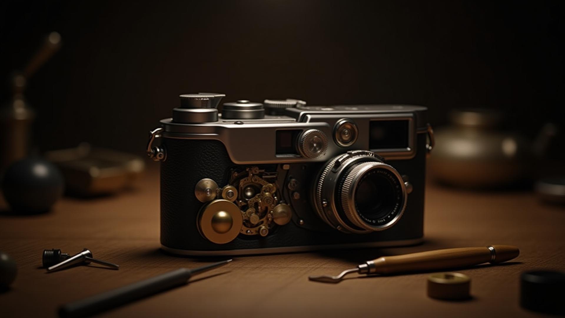 Partially disassembled vintage Leica rangefinder on a meticulously organized workbench, showcasing precision tools and intricate mechanics
