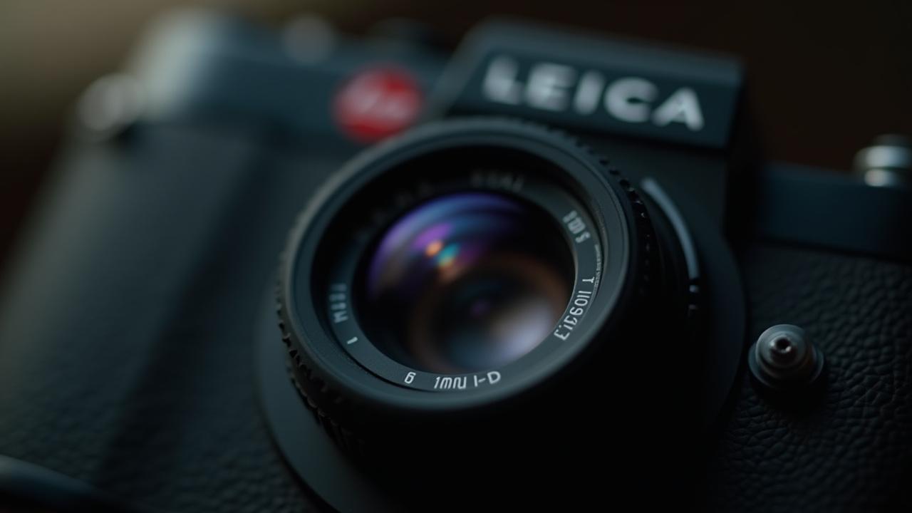 Close-up of a vintage Leica M camera's viewfinder and red dot, highlighting exquisite craftsmanship.