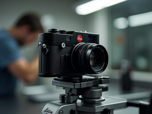 Technician calibrating a Leica rangefinder using specialized optical equipment.